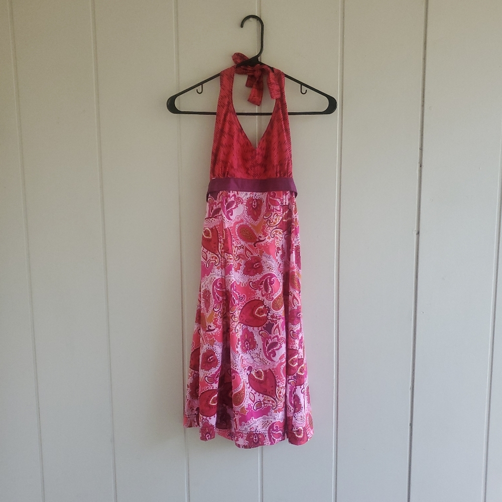 Athleta Pack Everywhere Red Pink Paisley Fit Flare Halter Dress Size 2
